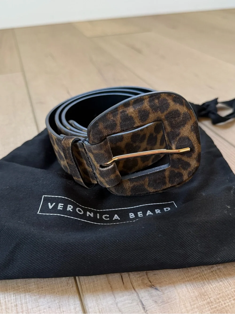 Veronica Beard Black Leather Belt with Gold Lettering